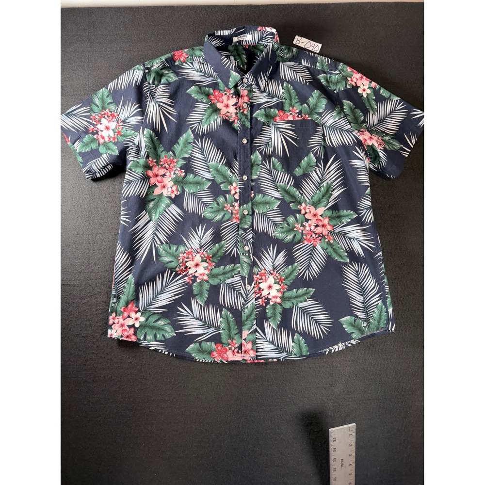 Coofandy Mens XL Tropical Floral Palm Leaf Button Down Shirt Navy Short Sleeve
